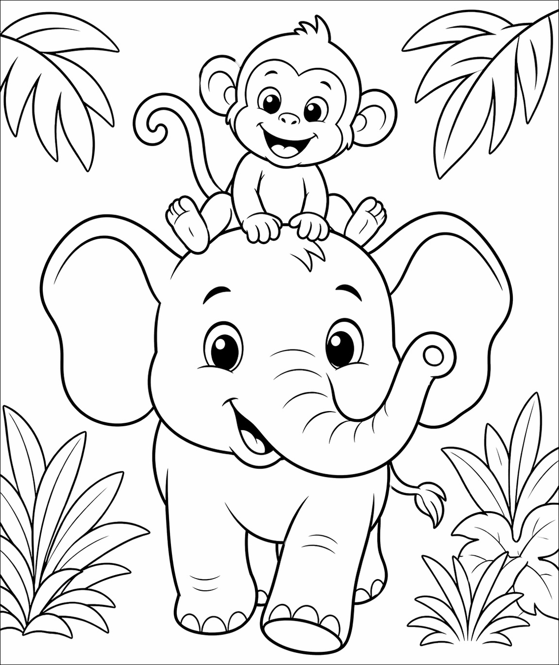 En apa som rider på en elefant i en lekfull scen i en svartvit målarbild