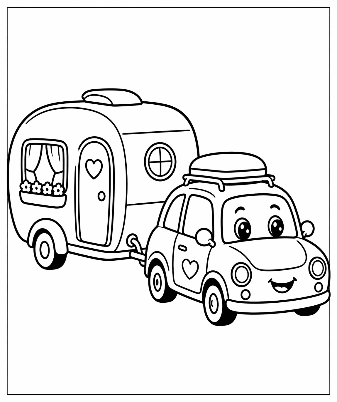 En bil som drar en husvagn på väg mot ett äventyr i en svartvit målarbild