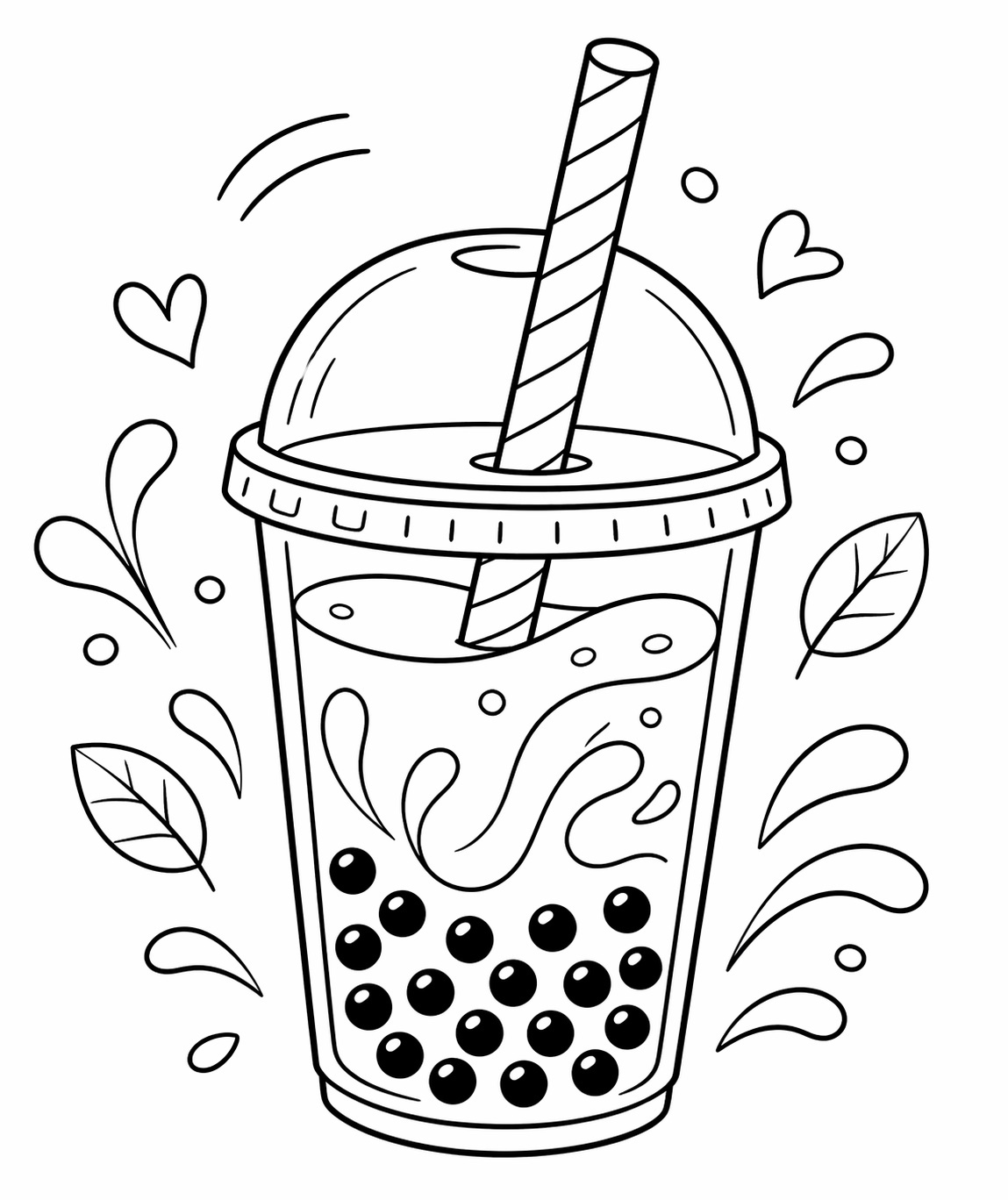 En bubble tea-mugg där bobapärlorna syns tydligt i en svartvit målarbild