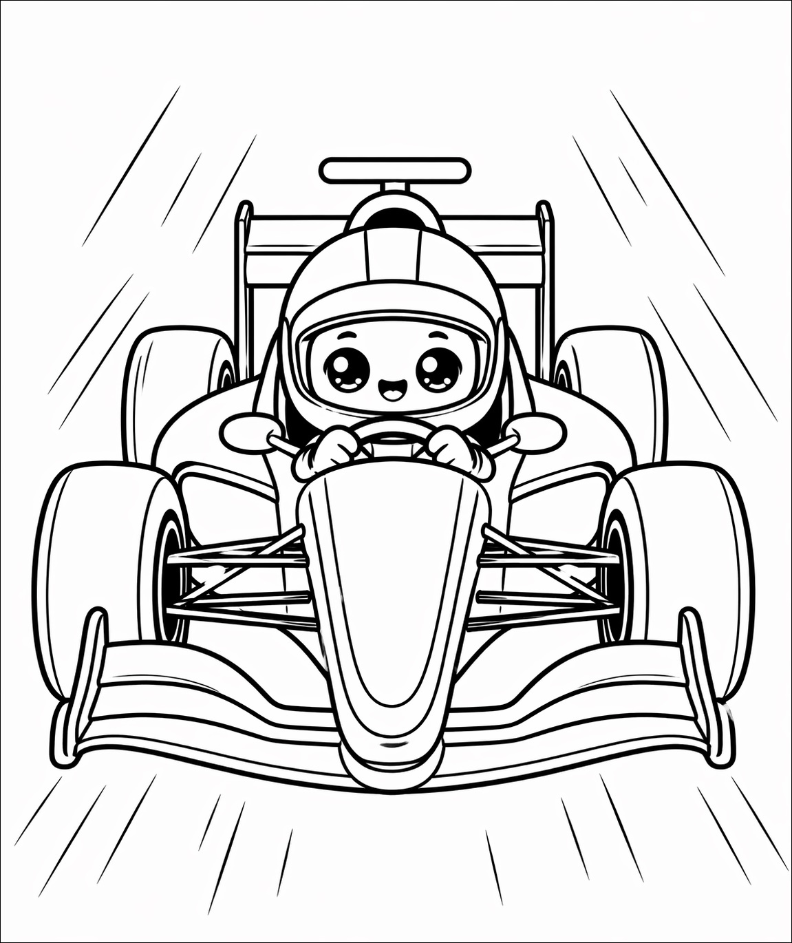 En låg Formel 1-inspirerad racerbil på bana i en svartvit målarbild