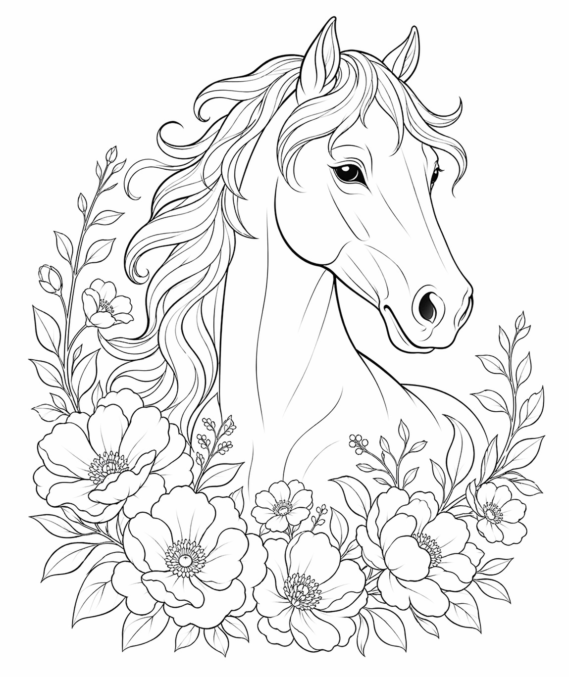 En häst omgiven av blommor och mjuka naturformer i en svartvit målarbild