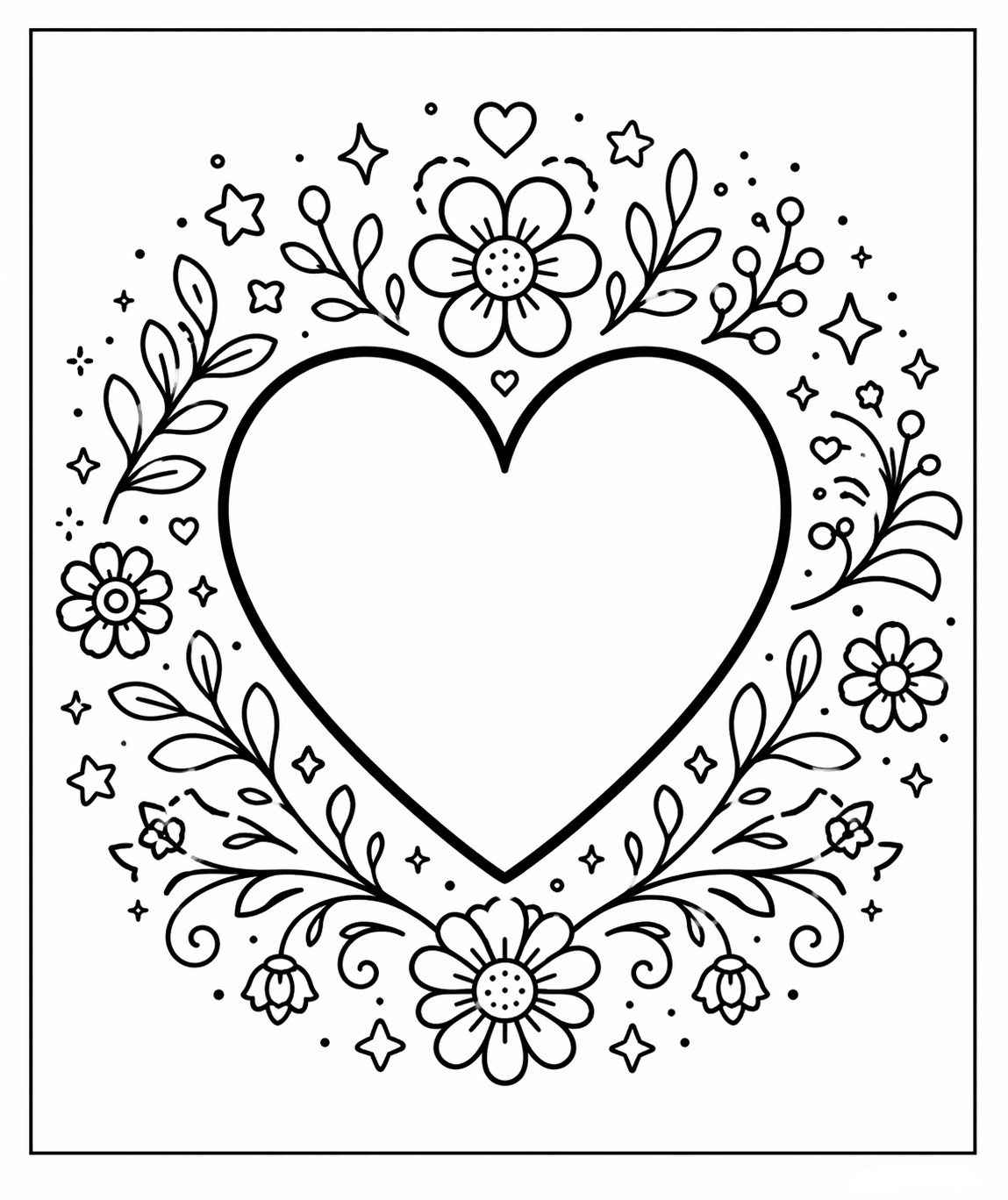 Ett stort hjärta omgivet av blomrankor och små stjärnor i en svartvit målarbild