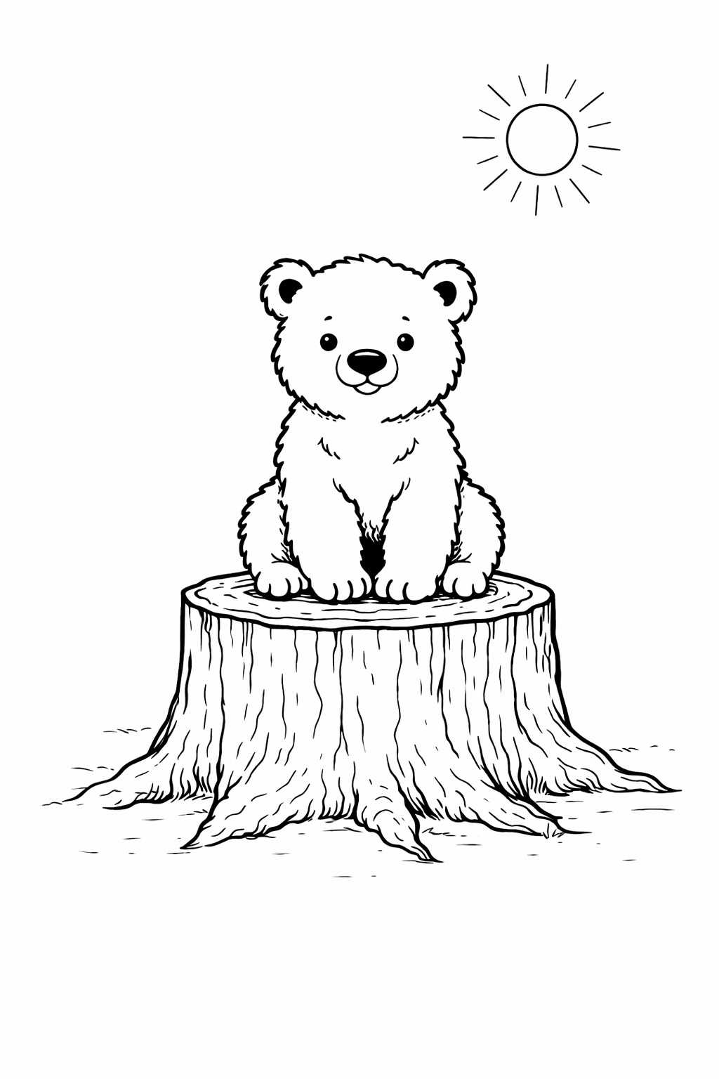 En liten björn som sitter på en trädstam i en svartvit målarbild