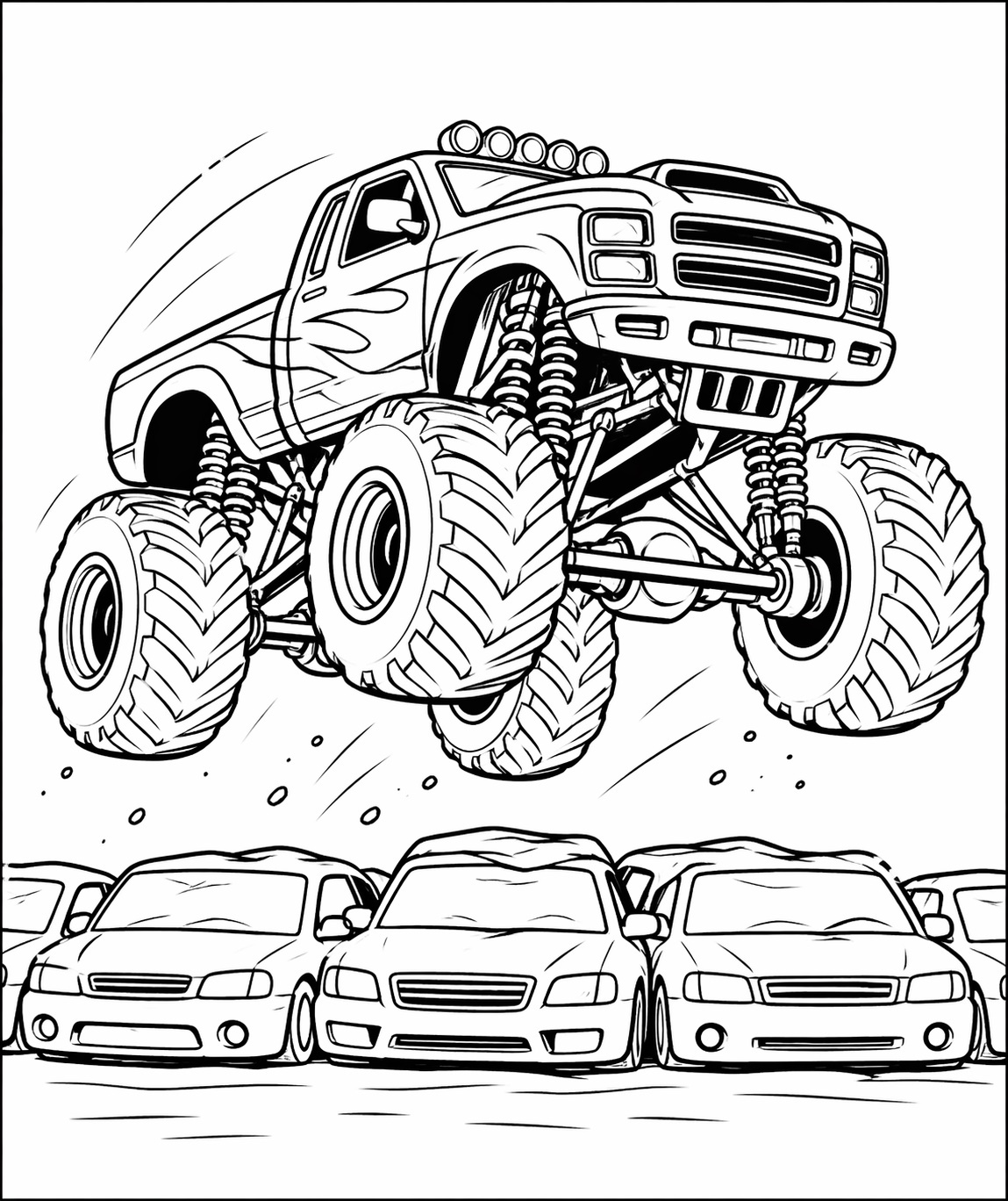 En monstertruck som hoppar över flera bilar i en svartvit målarbild