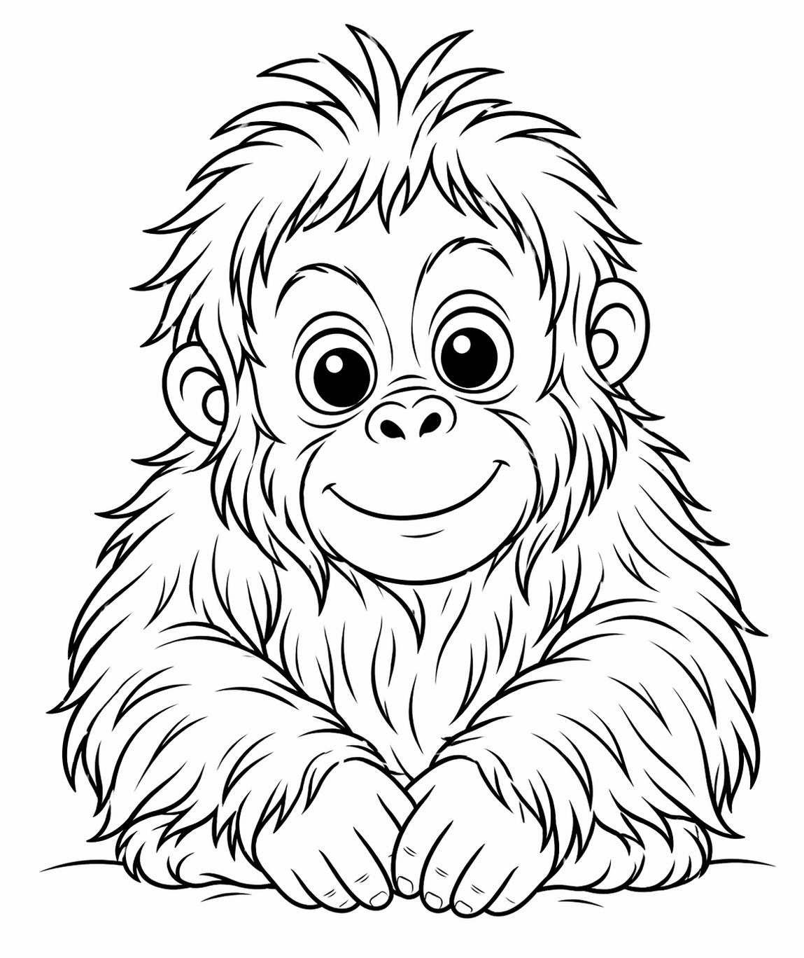 En liten orangutangunge med uttrycksfullt ansikte i en svartvit målarbild