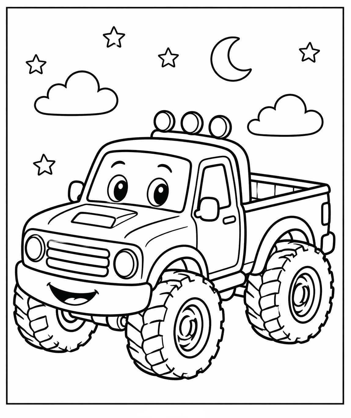En pickup parkerad under månen och en stjärnklar himmel i en svartvit målarbild