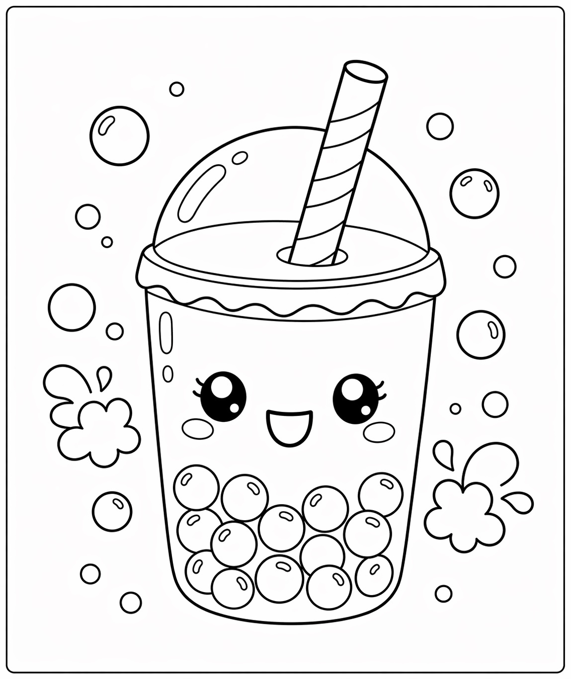 En söt bubble tea-mugg med ansikte, sugrör och bobapärlor i en svartvit målarbild