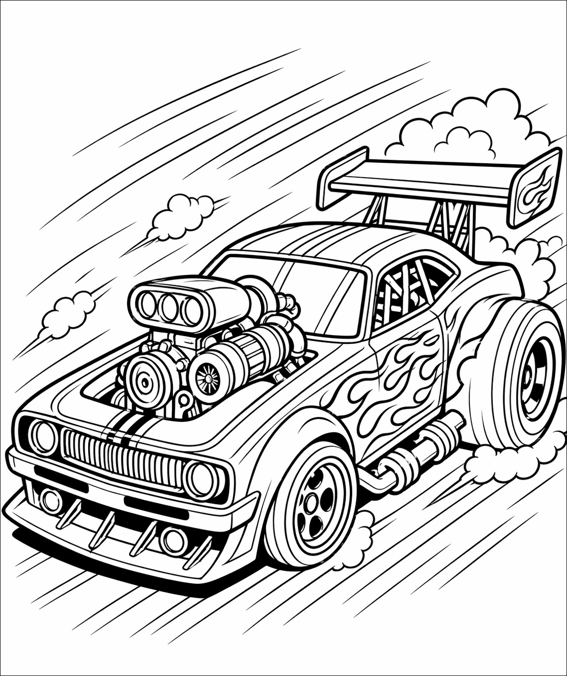 En strömlinjeformad turbo-racerbil med tydliga fartdetaljer i en svartvit målarbild